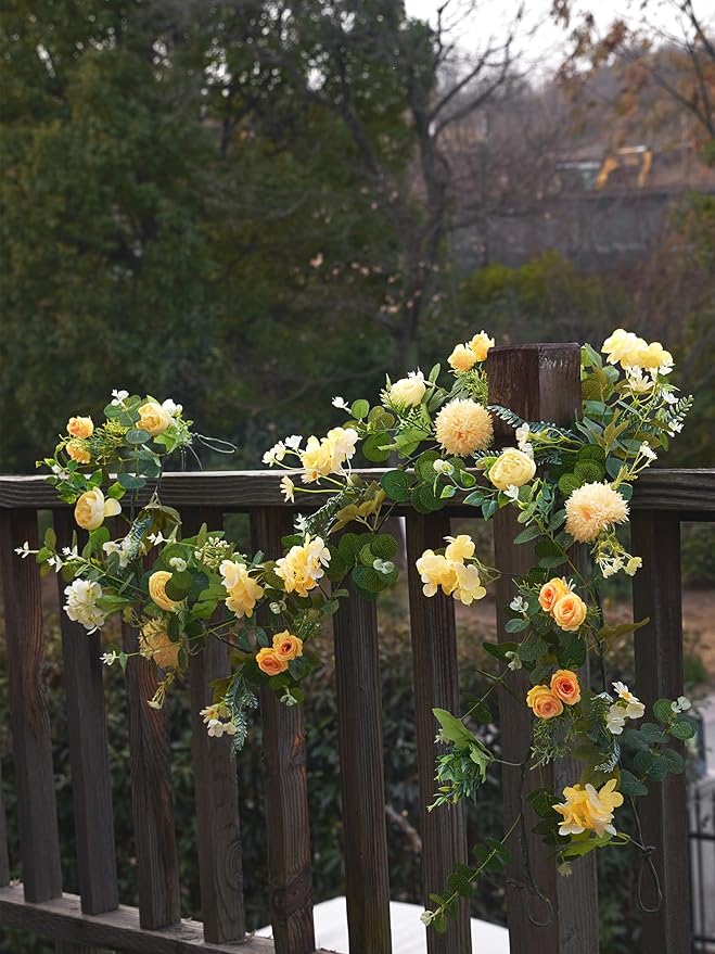 MISSPIN 5.9Ft Eucalyptus Garland with Flowers, Artificial Fake Flower Greenery Spring Garland for Baby Shower Wedding Mantle Table Centerpiece Spring Decor