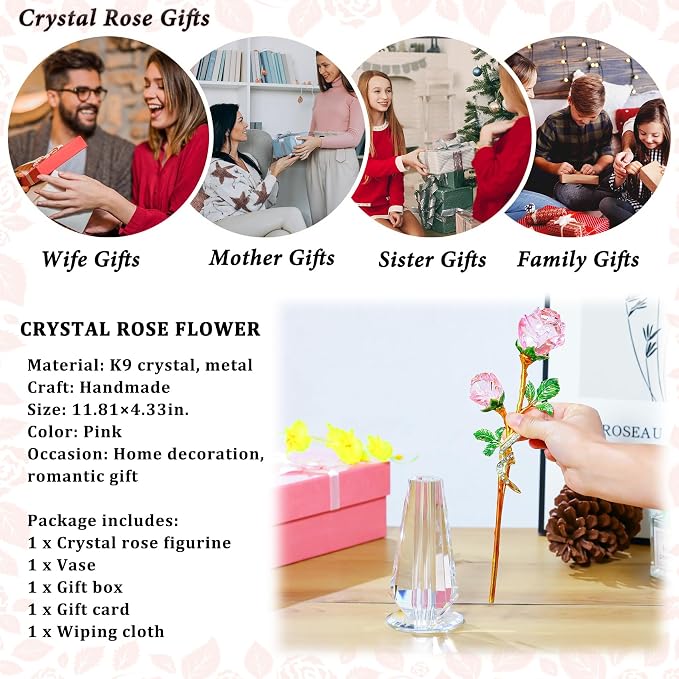 Arikyrist Pink Rose Flower Crystal Figurine with Vase, Handmade Bouquet Glass Flowers Ornament Rose Gifts for Women Mom Wife, Crystal Flower Home Decor for Valentine Mother's Day Wedding