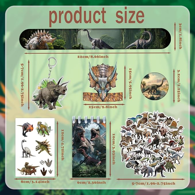 122 PCS Realistic Dinosaur Party Favors, Forest Dinosaur Birthday Decorations, Prehistoric Dinosaur Notebook, Slap Bracelets, Dinosaur Stickers, Paper Headbands, Badge, Keychains, Dinosaur Tattoos