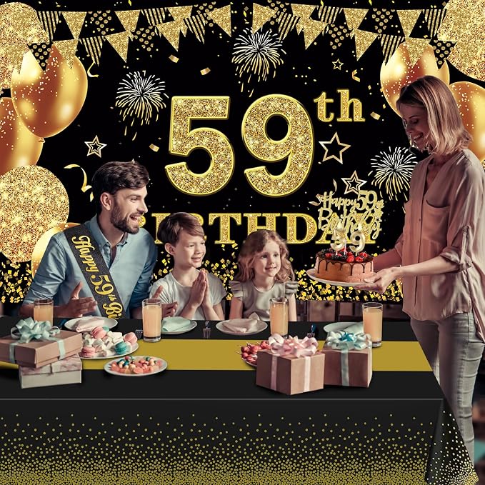 59th Birthday Decorations Men Women with 59th Birthday Banner, Black and Gold Table Cloth, Number Balloons, Large Sash, Cake Topper and Candles