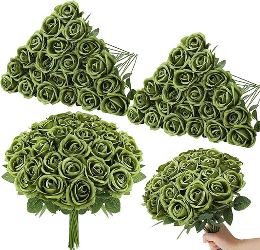 80 Pcs Roses Artificial Flowers, Silk Palm Green Artificial Flowers Petals Long Stem Roses for St Patricks Day Home Party Decor