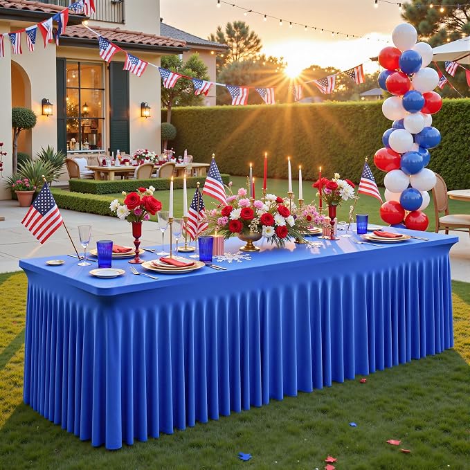 2 Packs Royal Blue Table Clothes for 4 Foot Rectangle Tables, One-Piece Wrinkle Resistant Stretch Spandex Table Covers with Skirt for Event Banquet Wedding Birthday Party