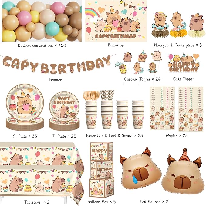 287 Pcs Capybara Birthday Decorations, Worry-Free One-Stop Set Serves 25 Guests, with Capybara Balloons Arch Kit, Backdrop, Thick Plates, and Cake Toppers, Easy Setup for Capybara Party Decorations