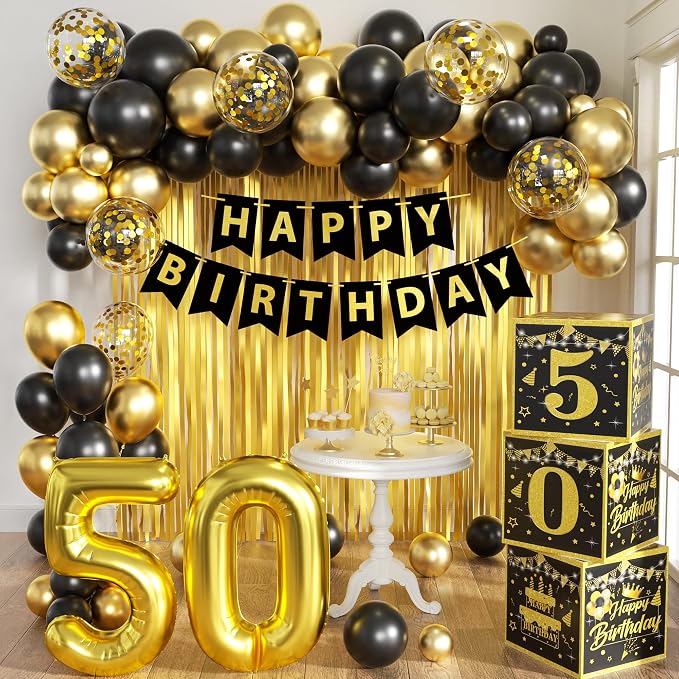Gold 50th birthday decorations men,3pcs birthday Decorations for Men boys black and gold Balloon Boxes Birthday Party Favors