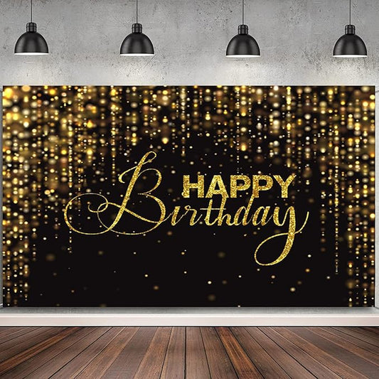 Happy Birthday Backdrop for Photography 15x10ft Luxury Black and Gold Birthday Party Backdrop Background Banner Bokeh Glitter Men Birthday Party Decorations Supplies Wallpaper Studio Props