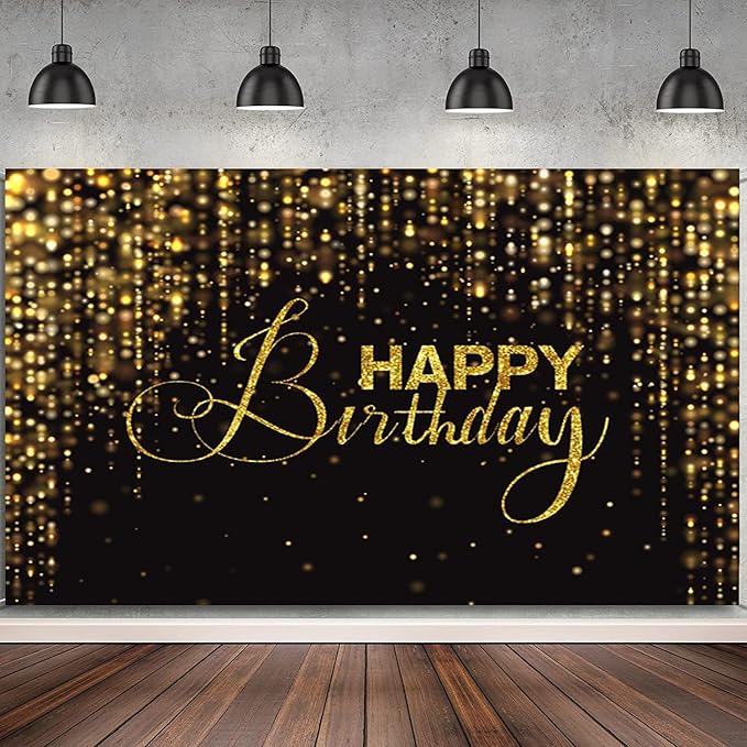 Happy Birthday Backdrop for Photography 12x10ft Luxury Black and Gold Birthday Party Backdrop Background Banner Bokeh Glitter Men Birthday Party Decorations Supplies Wallpaper Studio Props