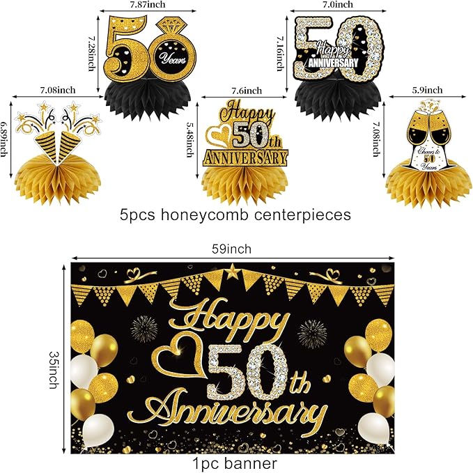 Turypaty Happy 50th Anniversary Decorations Kit, Black Gold 50th Wedding Anniversary Party Supplies - Large Happy Banner Backdrop, Table Centerpieces, Hanging Swirls, Paper Pompoms