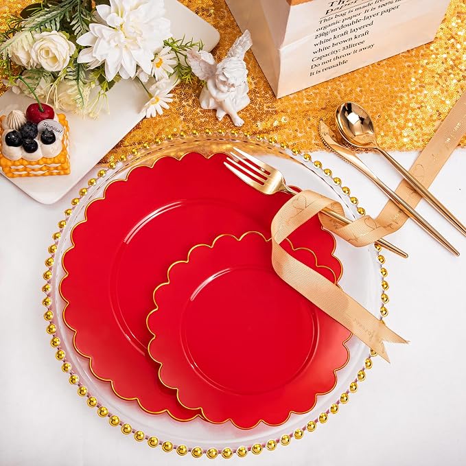 LIYH 60 Pcs Red Plastic Plates Disposable with Gold Edge Scalloped Red Gold Disposable Plates Includes 30 Dessert & 30 Dinner Plate Dishes Tableware for Party