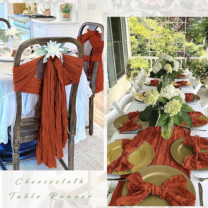 12 Pack Terracotta Cheesecloth Table Runner 17 x 108 Inch Gauze Table Runner Fabric Semi Sheer Cheese Cloth Table Decor Bulk for Rustic Romantic Wedding Baby Shower Table Decoration