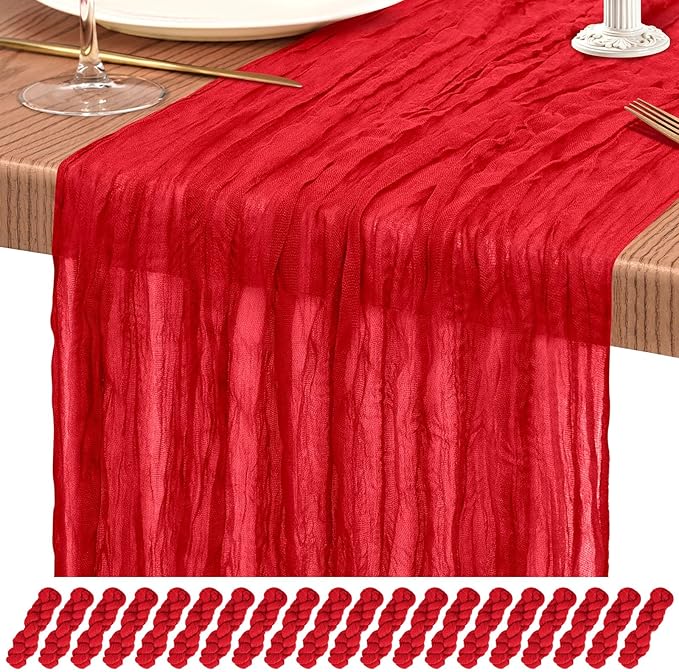 20 Pack Red Cheesecloth Table Runner 10FT Boho Gauze Cheese Cloth Table Runners Romantic Rustic Sheer Table Decorations for Wedding Party Baby Shower Birthday Holiday Home