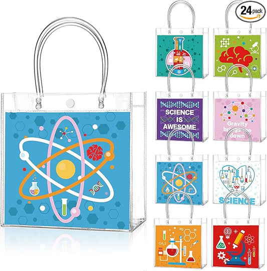 Teenyyou 24 Pcs Science Party Favor Bags Clear PVC Goodie Treat Tote Gift Bags with Handles Science Theme Birthday Party Supplies