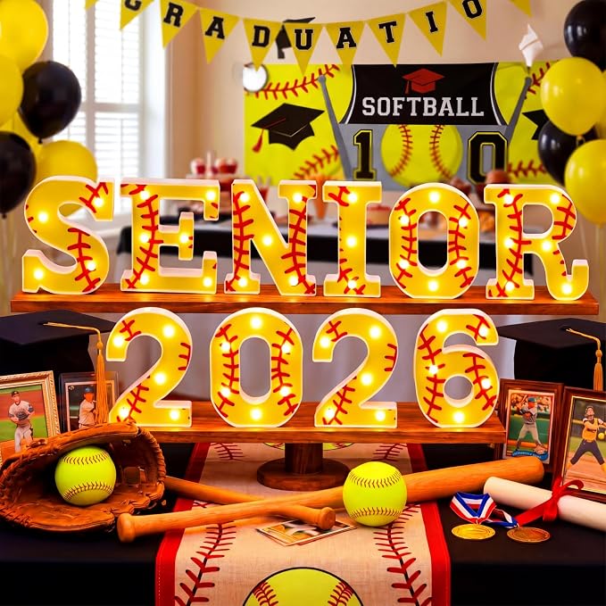 Honoson 10 Pcs Softball 2026 Senior Night Decorations Lights up 2026 Senior Sign Softball Graduation Theme Party Lights for High School College Grad Party Supplies