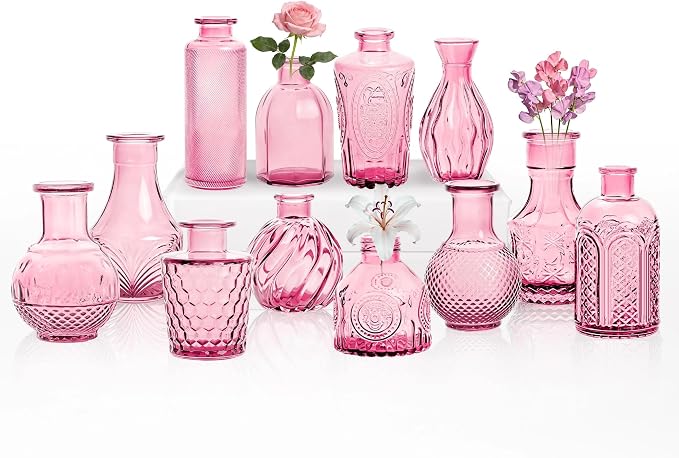 Mini Bud Vases Centerpieces for Tables,Clear Bud Vases for Flowers,Small Flower Vases Suitable for Birthday Party,Anniversary,Wedding Reception,Baby Shower (Pink, 12PCS)