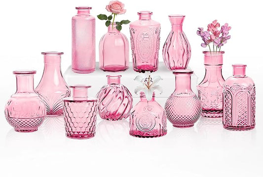 Mini Bud Vases Centerpieces for Tables,Clear Bud Vases for Flowers,Small Flower Vases Suitable for Birthday Party,Anniversary,Wedding Reception,Baby Shower (Pink, 12PCS)
