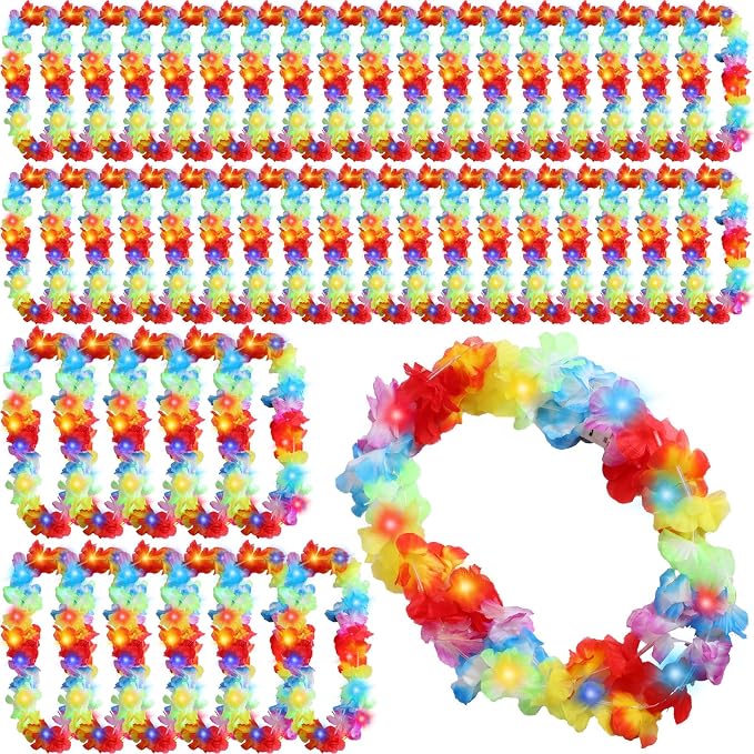 Sherr 48 Pcs LED Hawaiian Leis Light up Flower Leis Necklace with LED Lights Luau Flowers Necklaces for Masquerade Beach Wedding Tropical Themed Party Supplies(Rainbow)