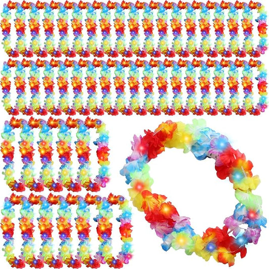 Sherr 48 Pcs LED Hawaiian Leis Light up Flower Leis Necklace with LED Lights Luau Flowers Necklaces for Masquerade Beach Wedding Tropical Themed Party Supplies(Rainbow)