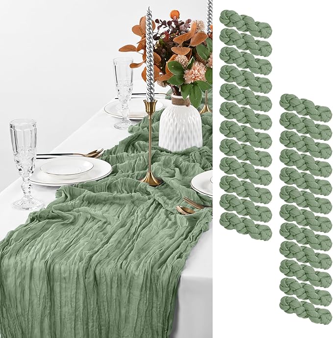 24 Pack Sage Green Table Runner, 10FT Cheesecloth Table Runner Long Romantic Semi Sheer Rustic Boho Gauze Table Runners for Wedding Bridal Shower Birthday Party Decorations(21.5×120 Inch)