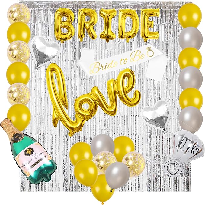 Bachelorettesy 28pc Bachelorette Party Decorations Kit for Bride to Be, Bridal Shower Decorations, Engagement Party – Balloons, Sash, Foil Backdrop Curtain (Gold Silver)