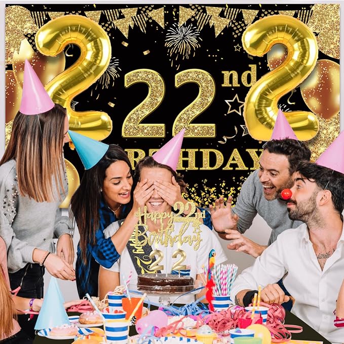 22nd Birthday Decorations Men Women with 22nd Birthday Banner, Black and Gold Table Cloth, Number Balloons, Large Sash, Cake Topper and Candles