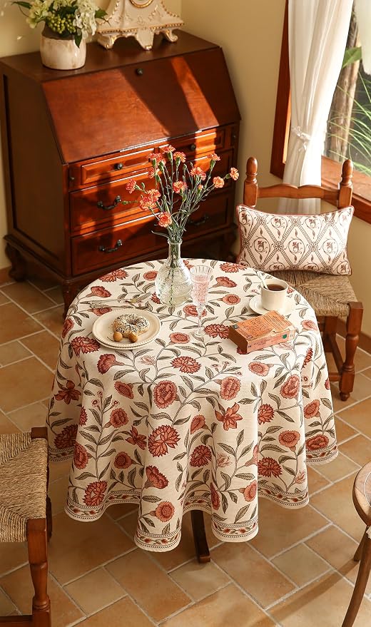 ISAENNE Designer French Linen Round Tablecloth,Diameter 55"-Alvarado D | Vintage Elegant Beautiful Table Cloth,Orange Floral Pattern,Heavyweight,Dining Room,Tea Party,Kitchen,Thanksgiving,Decor