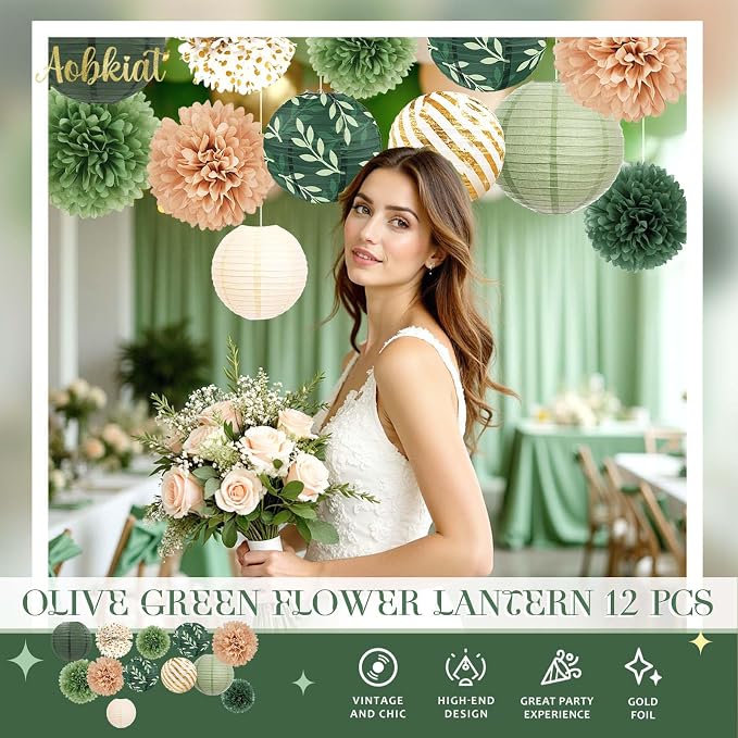 AOBKIAT Wedding Party Decorations Set,12PCS Olive Green Sage Paper Pom Poms Lanterns with Olive Leaf,for Engagement,Baby Shower,Bridal Shower,Boho Party