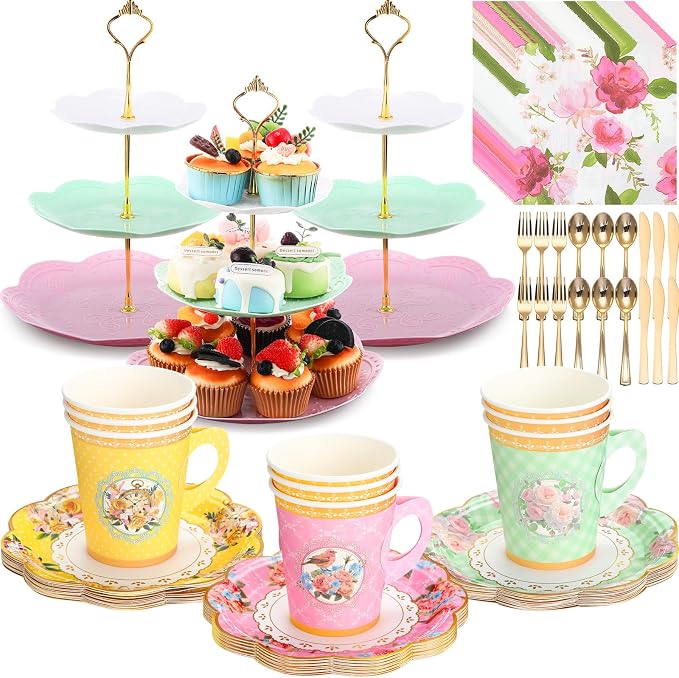 Layhit 83 Pcs Disposable Tea Party Set with 3 Tier Cake Stand Vintage Floral Paper Cups Plates Napkins Cutlery for Women Girls Birthday Baby Shower Bridal Shower Tea(Vivid)