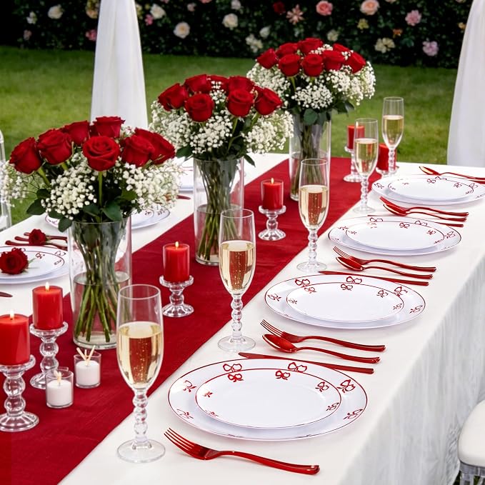 125PCS Red Bow Plastic Plates - White and Red Rim Disposable Plates - 50 Elegant Plates with Bowknot Patterns, 25 Forks, 25 Spoons, 25 Knives for Birthday Wedding Party