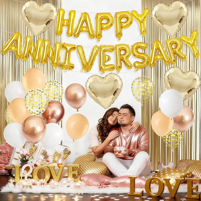 Anniversary Decorations Gold Sand White,Happy Anniversary Balloon Banner with Heart Foil Balloons Fringe Curtain for Wedding Party Valentine's Day Romantic Night
