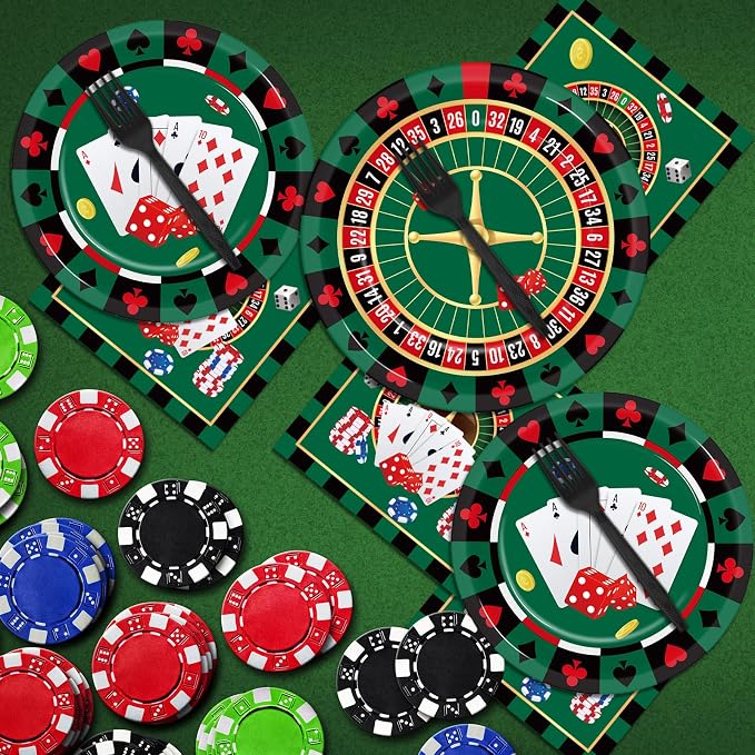 96 Pieces Casino Themed Party Tableware Set for Las Vegas Birthday Party Decorations Casino Poker Card Birthday Party Dessert Paper Plates Napkins Forks for 24 Guests Poker Card Playing Club Supplies
