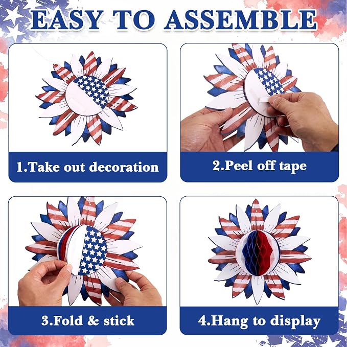 SUNBEAUTY 4th of July Patriotic Decorations Red White Blue Hanging Honeycomb Balls Independence Day Paper Honeycomb Flower for Memorial Day USA Flag Veterans 250th Anniversary Party Supplies