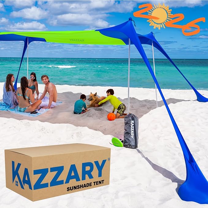 Beach Tent UPF50+ Sun Shade Canopy with Sandbags, 4 Stability Poles, Ground Pegs, Flying Disc Sand Shovel, Lightweight Sunshade Shelter, 7ft Tall for Outdoor Trips, Camping and Sports