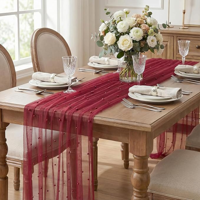 Artoid Mode 6PCS Pearl Burgundy Gauze Table Runner 120 Inch 10FT, Seasonal Sheer Dining Holiday Wedding Birthday Baby Shower Table Decor for Home Party