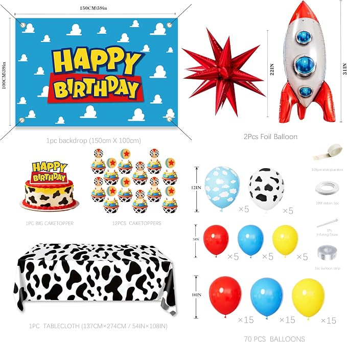 Cowboy and Space Birthday Decorations for Boys, Cartoon Theme Party Supplies with Cloud Backdrop, Cow Print Tablecloth, Rocket Foil Balloon, Cake Toppers, Red Yellow Blue Balloon Arch Kit