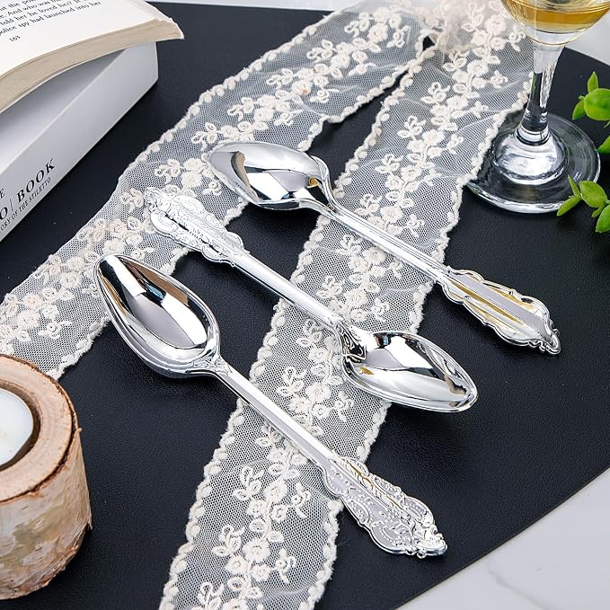 WDF 100 Piece Silver Plastic Spoons Disposable - 6.93 Inch Baroque Silver Silverware for Dessert Cake - Heavy Duty Plastic Spoons for Party Wedding Daily Using Baby Shower Spring