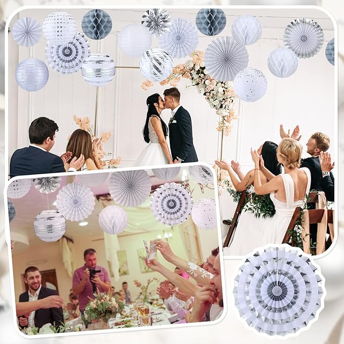 Retisee 18 Pcs Metallic Silver Party Decorations Kit Hanging Metallic Silver Paper Lanterns Paper Fans Honeycomb Balls for Birthday Anniversary Celebration Wedding Graduation Decoration Supplies