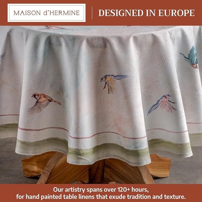 Maison d' Hermine Table Cloth Round Table 100% Cotton 69 Round Inches Tablecloth Reusable Decorative for Dining Kitchen Room Farmhouse Party Home Hotel Restaurant Spring Summer - Flying Birds