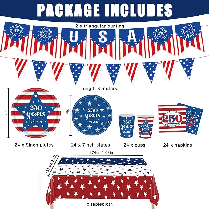250th Anniversary USA Merchandise, 4th of July Decorations, Patriotic Party Supplies for Independence Day, Tablecloth, Plates, Napkins, Cups, Banner for 4th of July, 24 Guests