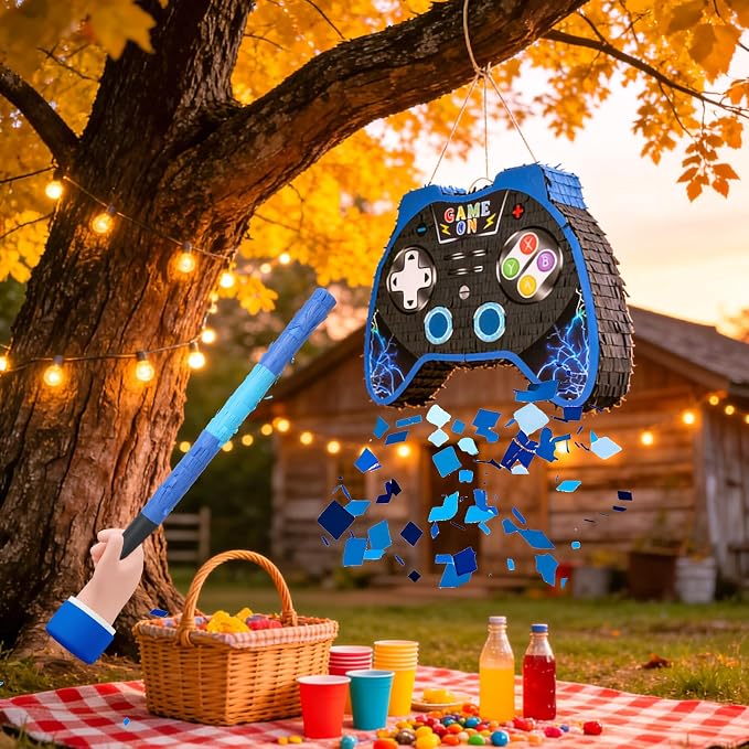 Video Game Piñata - Game Controller Piñata Bundle with Blindfold and Bat for Birthday Gamer Parties, Party Decor, Gaming theme parties (16x12x3 Inches)