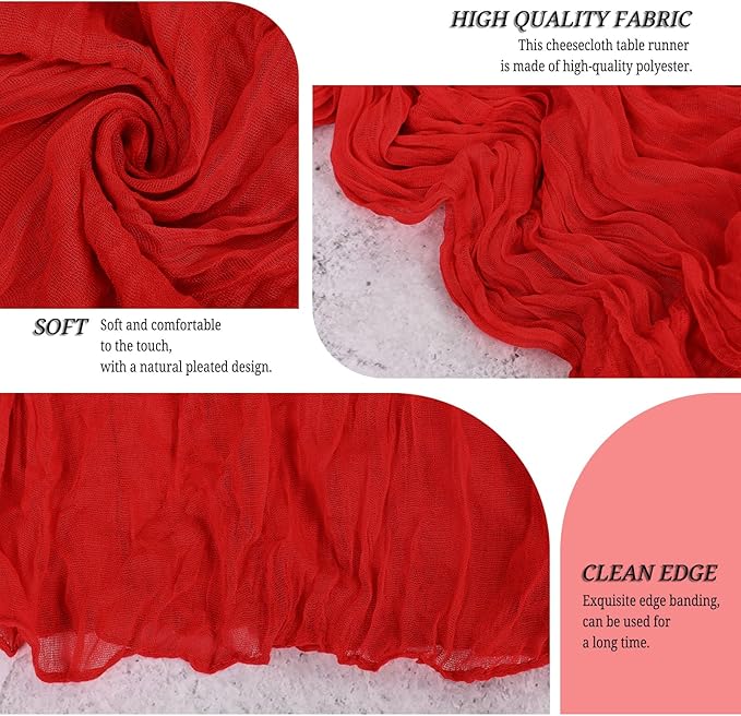 12 Pack Red Cheesecloth Table Runner 120 inch Fall Thanksgiving Boho Rustic Gauze Farmhouse 10FT Cheese Cloth Runner for Baby Shower Wedding Party Holiday Home Decor