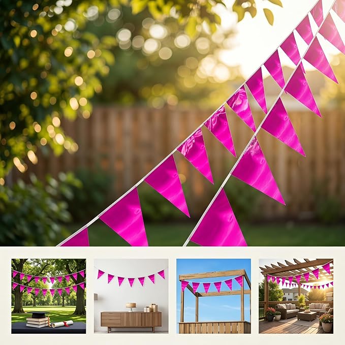 130FT Rose red Triangle Pennant Banner Flag Metallic Fabric Bunting Garland for Christmas Graduation Wedding Engagement Anniversary Bachelorette Birthday Bridal Shower Valentines Hen Party Supplies