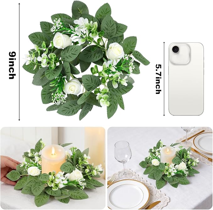 4 Pcs White Rose Candle Rings, 9 Inch Small Eucalyptus Wreath with White Roses & Baby Breath, Artificial Floral Candle Wreath Rings for Pillar Candle Wedding Table Centerpieces Home Decor