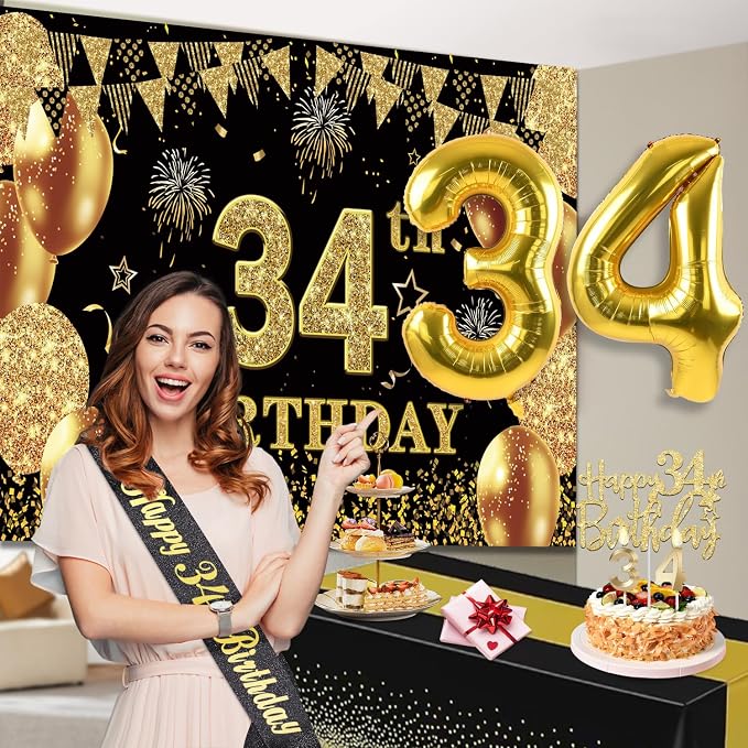 34th Birthday Decorations Men Women with 34th Birthday Banner, Black and Gold Table Cloth, Number Balloons, Large Sash, Cake Topper and Candles