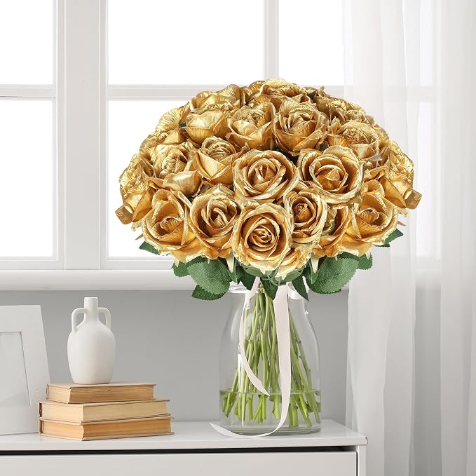 90pcs Silk Roses Artificial Flowers Gold Fake Rose with Long Stem for Arrangement Wedding Party Home Decoration