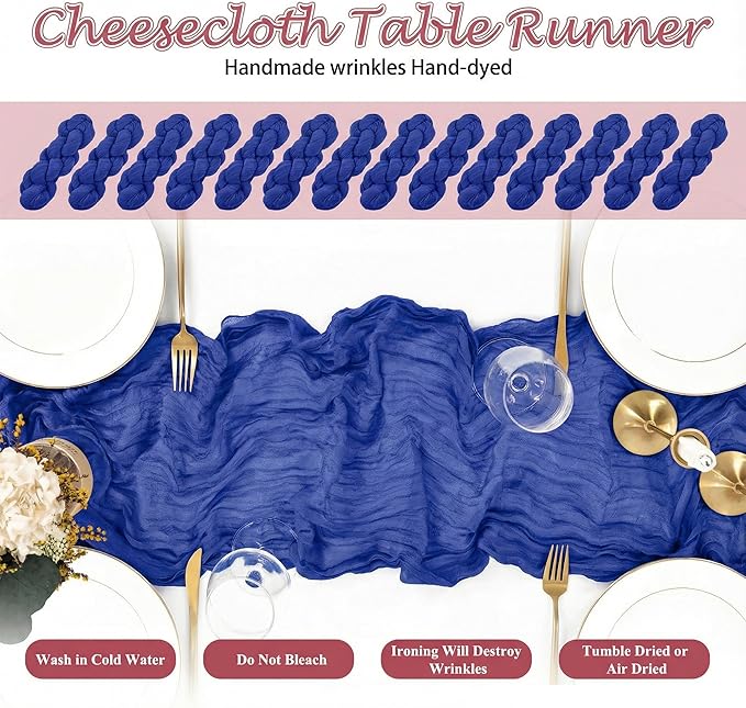 20 Packs Cheesecloth Table Runner 10FT Long Boho Gauze Fabric Table Runner Vintage Rustic Sheer Runners for Wedding Party Bridal Baby Shower Table Decorations (Royal Blue)
