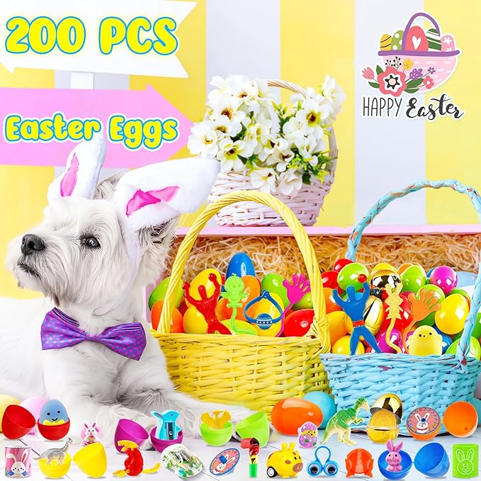 [ 6 Surprise Golden Eggs ] 200Pcs Prefilled Easter Egg with Assorted Toys, Bulk Plastic Easter Eggs Fillers for Kids, Basket Stuffers,Egg Hunt Party Favors Classroom Prizes Supplies for Boys Girls