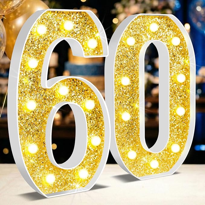 12.6 Inch LED Gold Marquee Light Up Numbers, 60th Birthday Decorations Number Lights as Gifts for Women Men, Glitter Lighted Marquee Numbers for Golden Anniversary Party Table Decor, 60