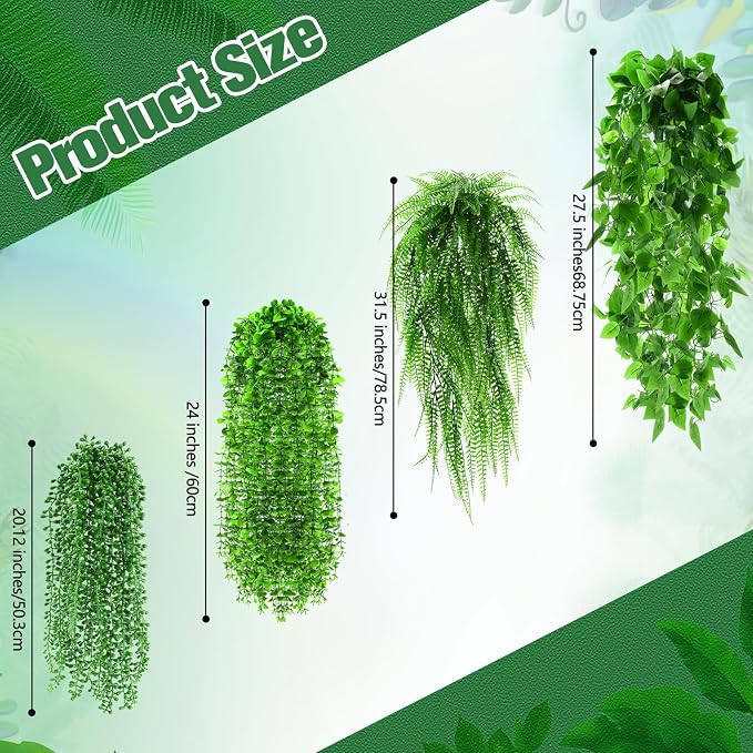 Daifunli 24 Pcs Artificial Hanging Plants Fake Hanging Ferns Plastic Faux Plants for Wall Room Garden Garland Indoor Outdoor Decor No Basket (Boston,Eucalyptus,Ivy Vine,String of Pearls)