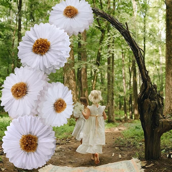 Chunful 5 Pcs 30'' 24'' Gaint White Tissue Paper Flowers Decoration Wonderland Large Hanging White Tissue Paper Pom Poms Decor for Wonderland Birthday Bachelorette Wedding Baby Shower Party Decor