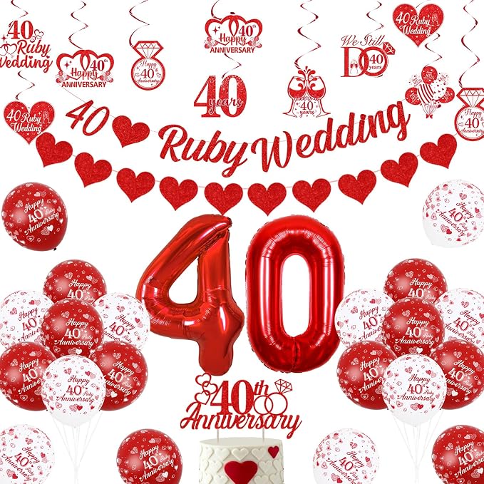 Ruby 40th Wedding Anniversary Decorations, We Still Do 40 Years Cheers to 40 Years Celebration Party Supplies for Couple, Balloon Cake Topper Hanging Swirls Love Garland Banner