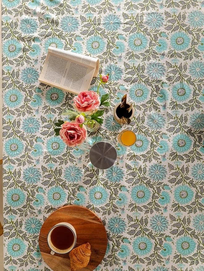 Hand Block Printed Tablecloth, Colorful Floral Print, Indian Artisan Handmade Art, Dining Room, Kitchen, Outdoor Décor, (Flamingo Bloom, 12 Seater 72 x 135 Inches Rectangle)